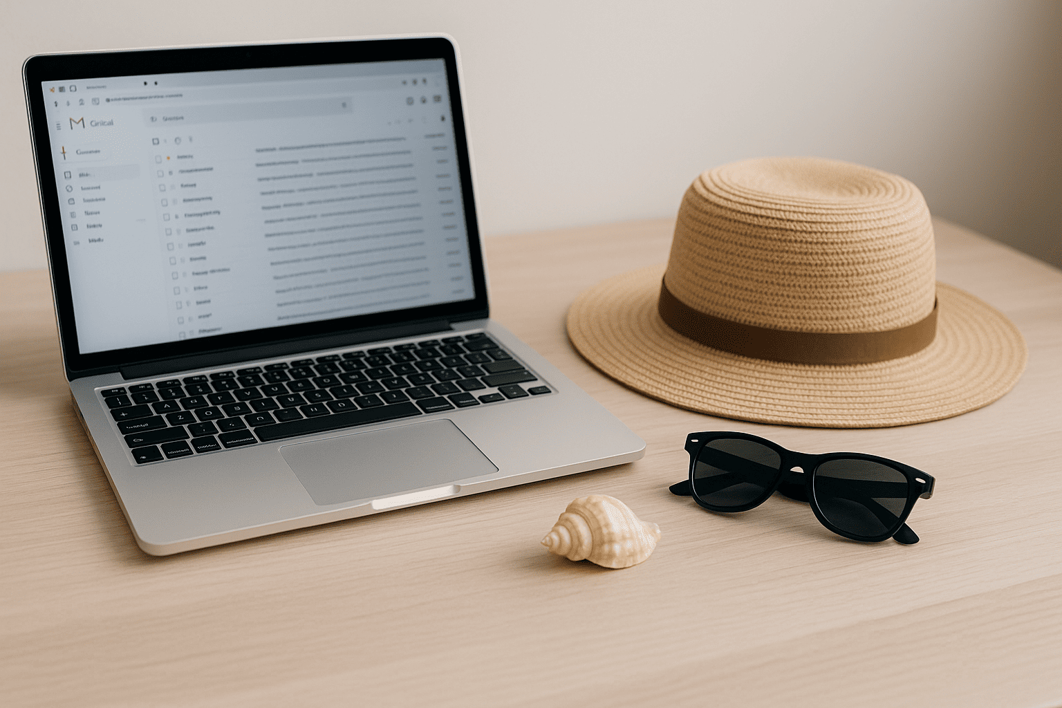 Digitaler Stress nach dem Sommer – Laptop mit Postfach und Urlaubssymbolen